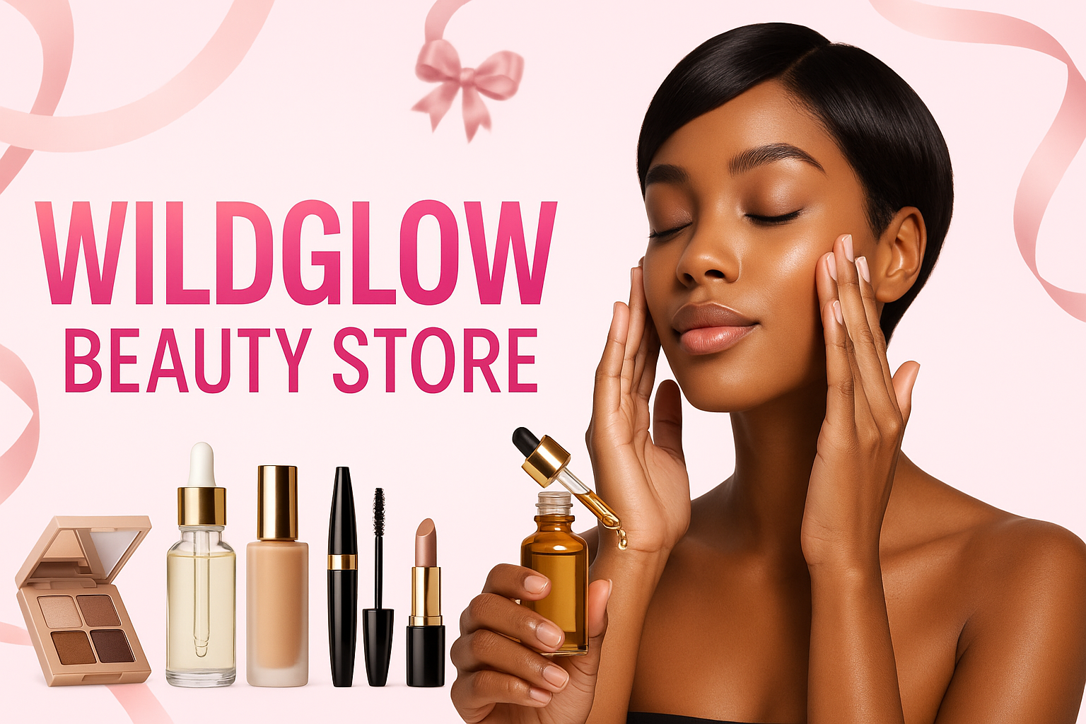 WILDGLOW Beauty Store banner with short-haired model applying serum
